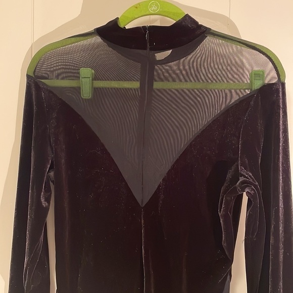 Vintage Velour Mesh One Piece Low Neckline Romper V Dip Front Back & Sides - Picture 2 of 9